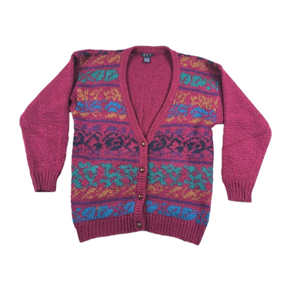 Ohi Vintage‎ Knit Cardigan Sweater Women's Size Medium Colorful Floral Acrylic